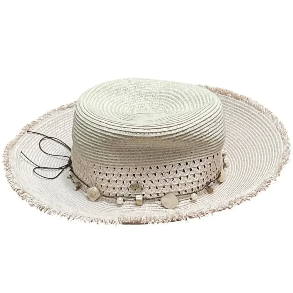 Scala Collezione Sun Beach Fringed Rim Hat Shell Band EUC